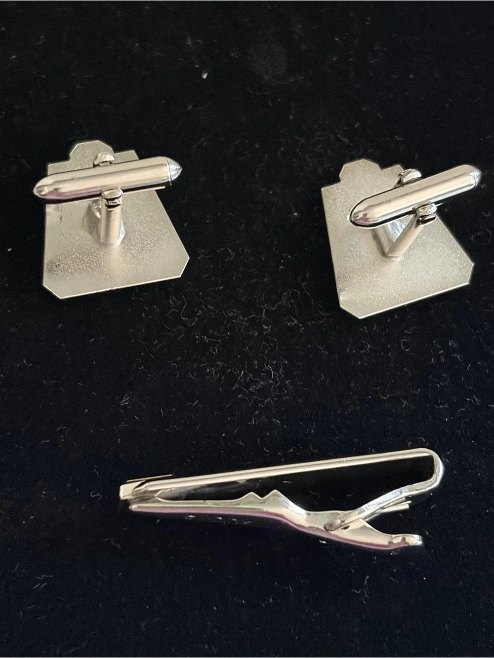 SWANK Silver Tone Cufflinks and Tie Clip with Rectangular Clear Stones